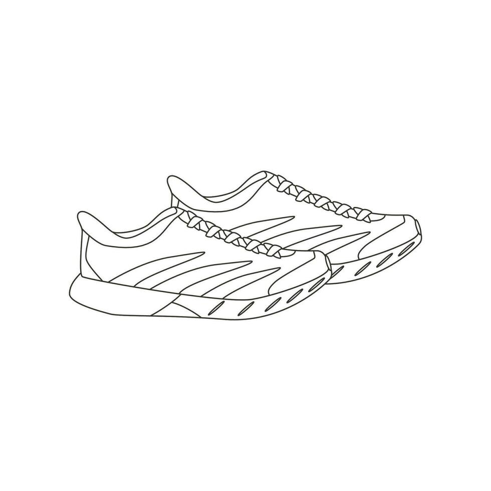 Sneakers. Various Sport equipment. Fitness inventory, gym accessories. Workout stuff bundle. Line art. vector