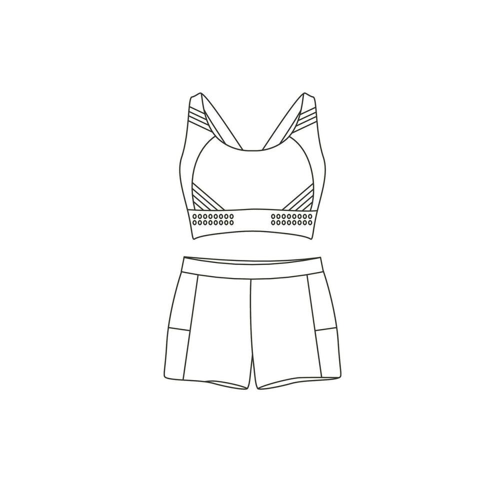 Sports top, shorts, sportswear. Various Sport equipment. Fitness inventory, gym accessories. Line art. vector