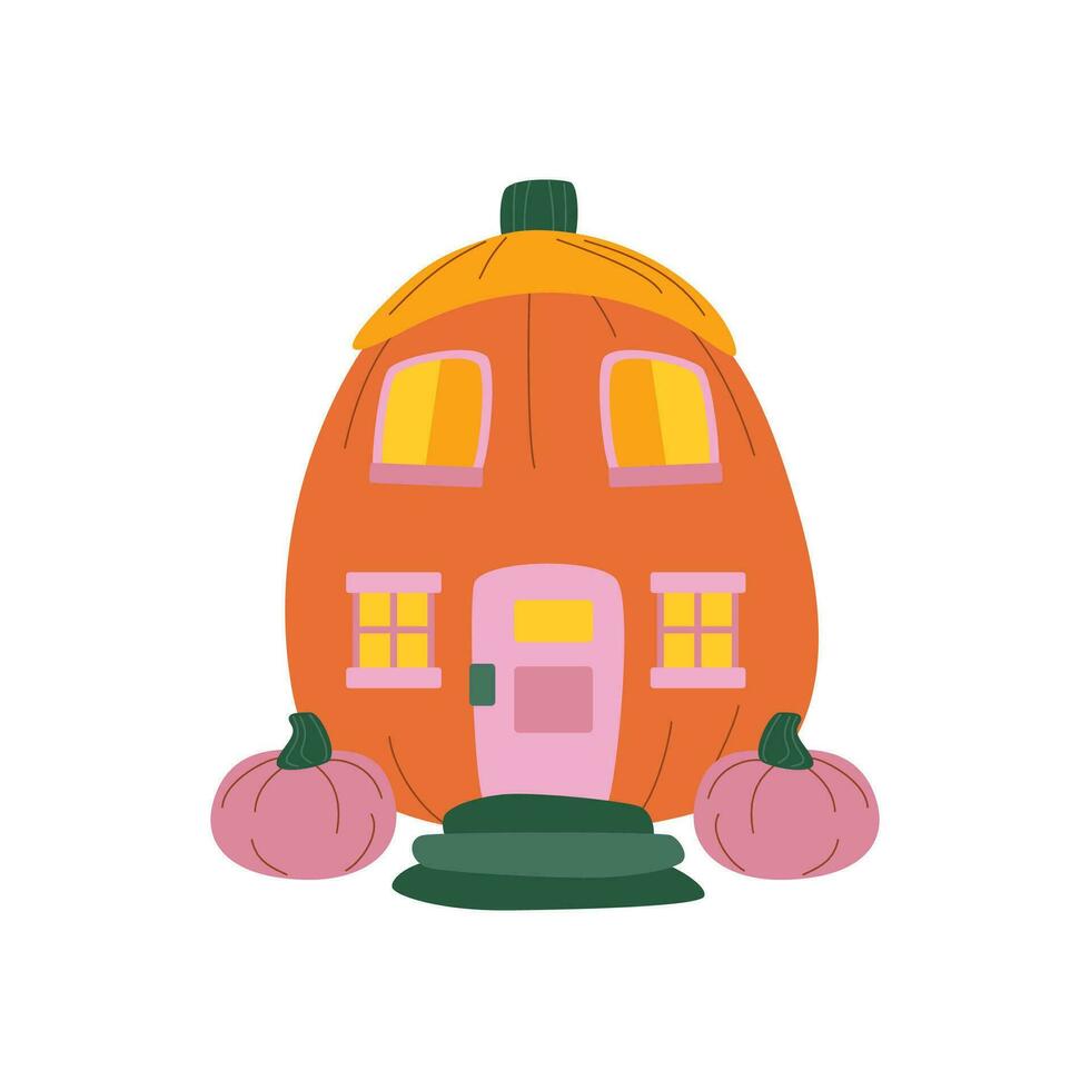 Víspera de Todos los Santos calabazas, otoño día festivo. calabaza casa con tallado ventanas, puertas vector