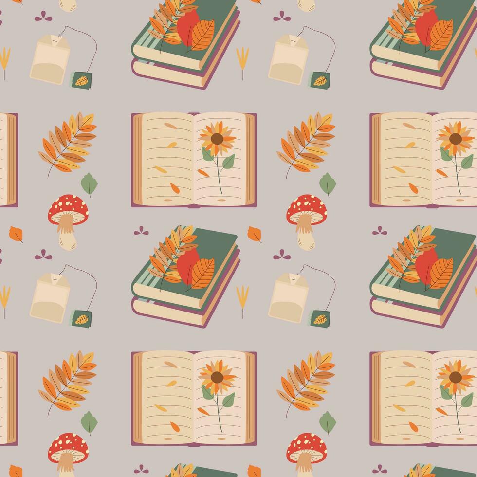 Pattern with mushroom, book, leaves, tea. Hello autumn. Elements on the autumn theme. vector