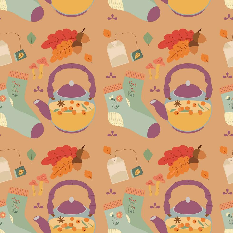 Pattern with acorn, sock, leaves, tea. Hello autumn. Elements on the autumn theme. vector