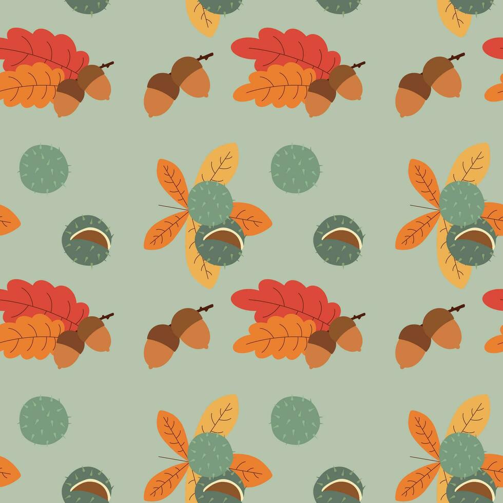 modelo con castaña, bellota, hojas. Hola otoño. elementos en el otoño tema. vector