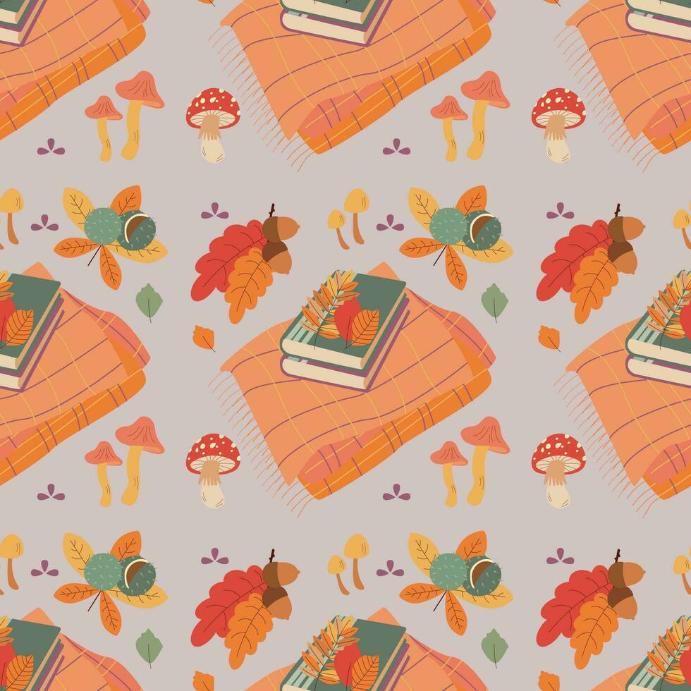 Pattern with chestnut, acorn, mushroom, book, leaves. Hello autumn. Elements on the autumn theme. vector