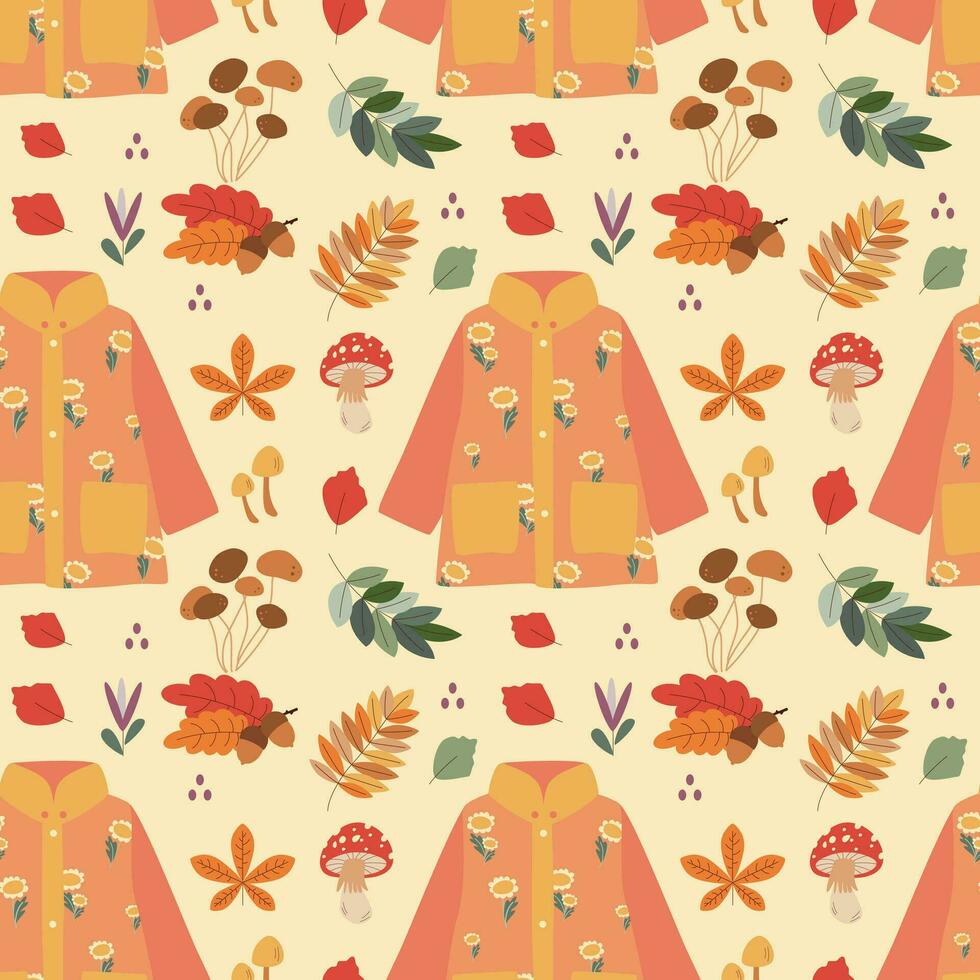 Pattern with raincoat, mushroom, leaves. Hello autumn. Elements on the autumn theme. vector