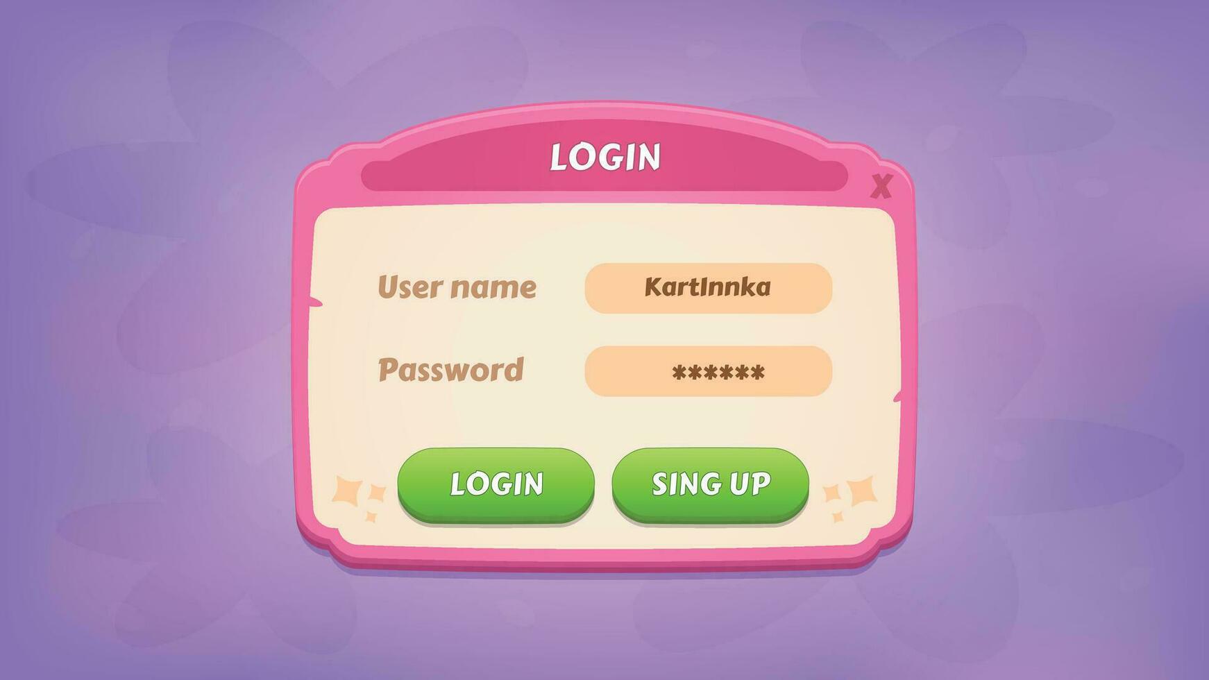 Log-in. GUI Kit casual assets for a game mobile, a set of user interface elements and pop-ups for the game interface. vector