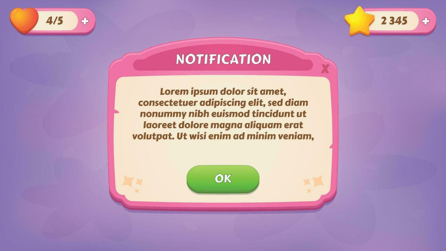 Notifications. GUI Kit casual assets for a game mobile, a set of user interface elements and pop-ups for the game interface. vector