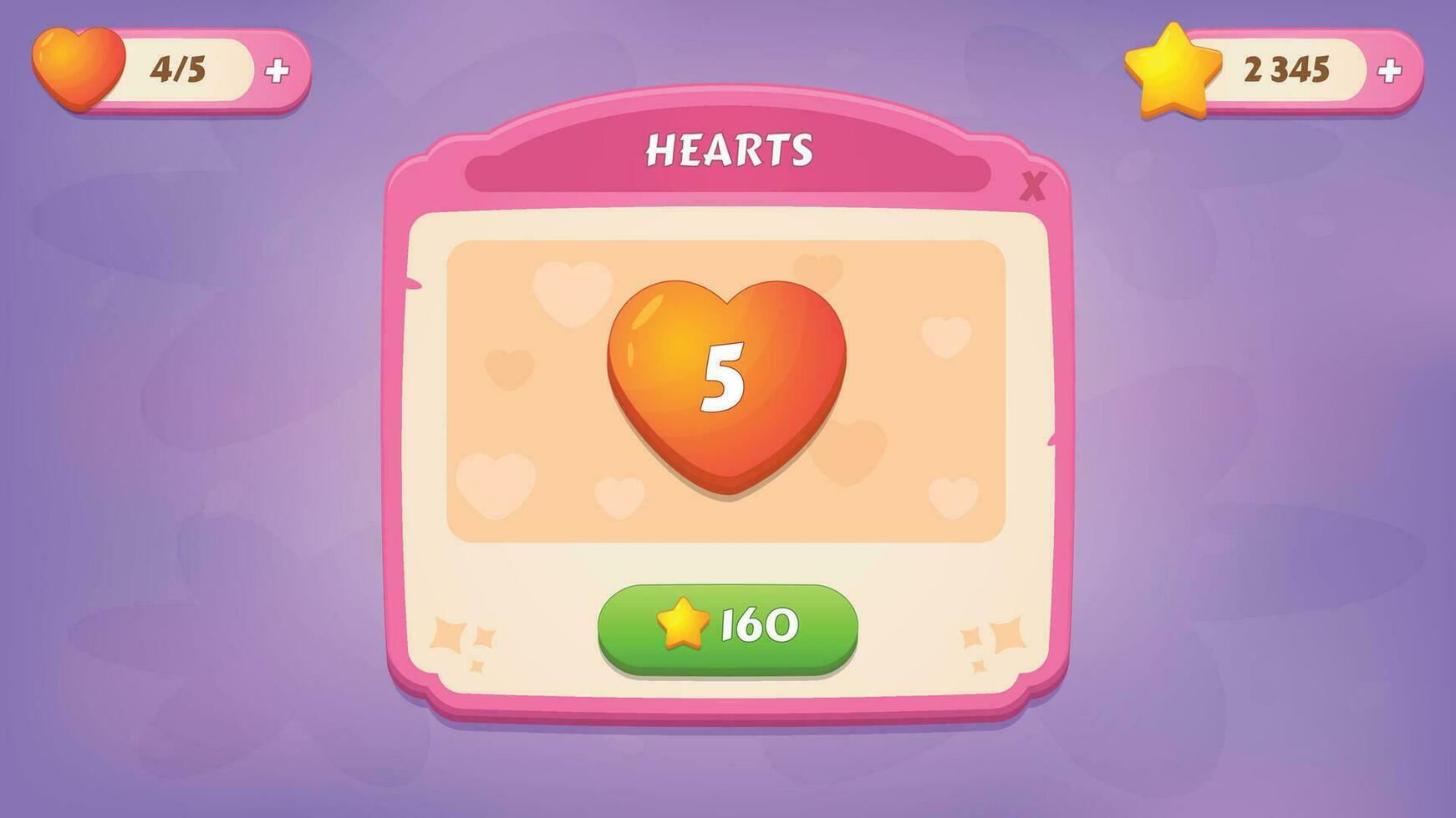 comprando vidas, corazones. gui equipo casual bienes para un juego móvil, un conjunto de usuario interfaz elementos y ventanas emergentes para el juego interfaz. vector