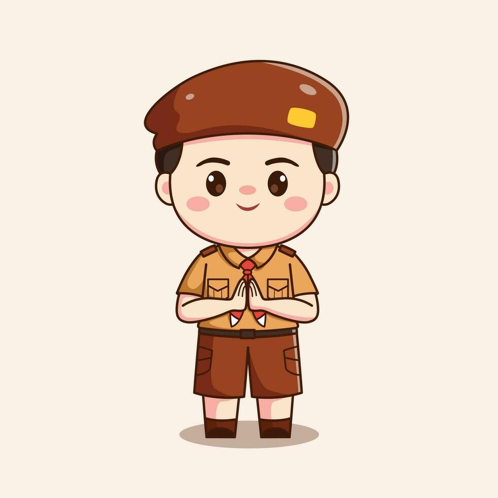 indonesian scout boy cute kawaii chibi character illustration vector