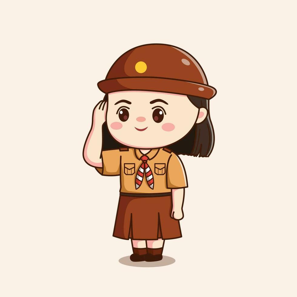 indonesian scout girl saluting cute kawaii chibi character illustration vector