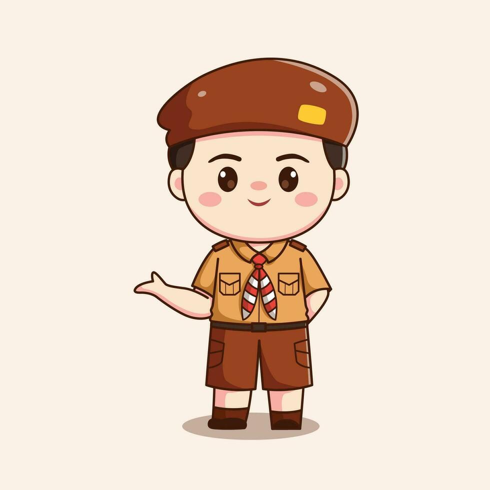 indonesian scout boy greeting cute kawaii chibi character illustration vector