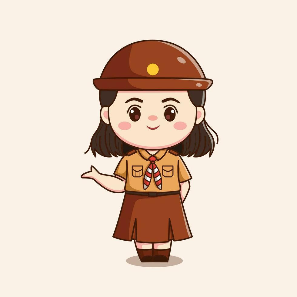 indonesian scout girl greeting cute kawaii chibi character illustration vector