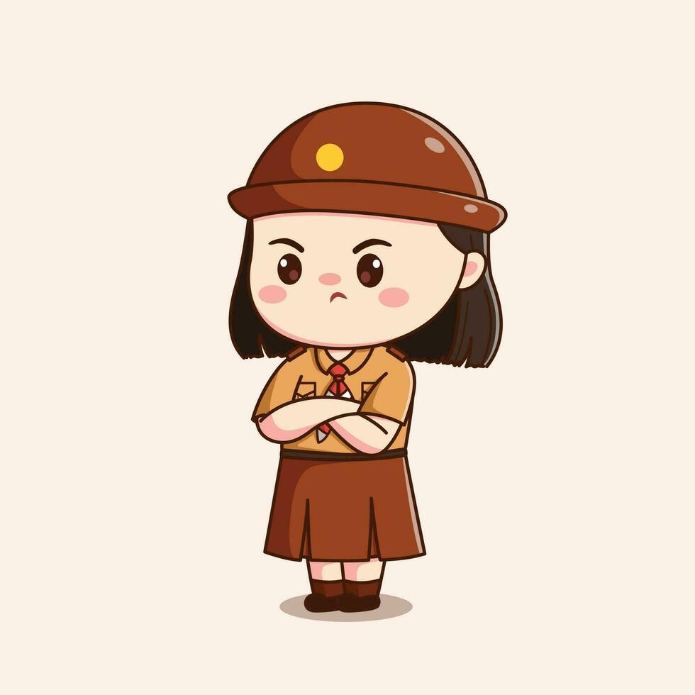 indonesian scout girl feeling mad cute kawaii chibi character illustration vector