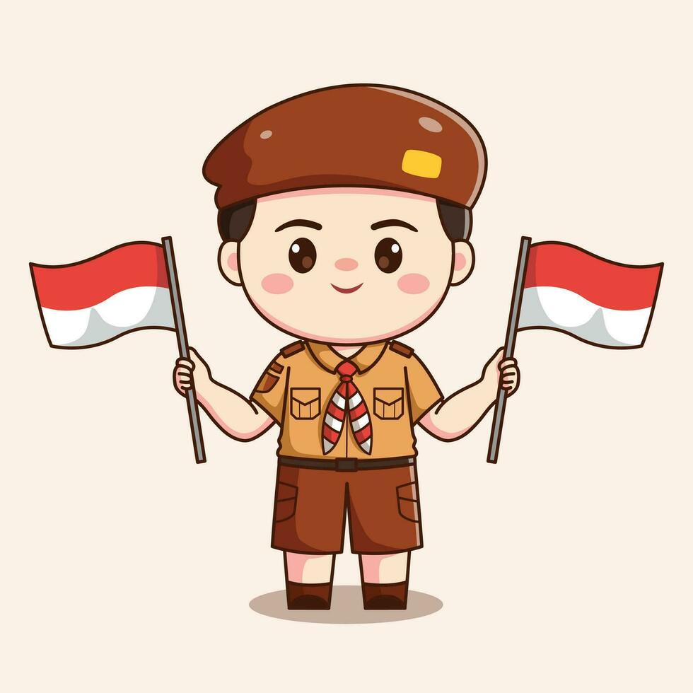 indonesian scout boy holding flag cute kawaii chibi character illustration vector