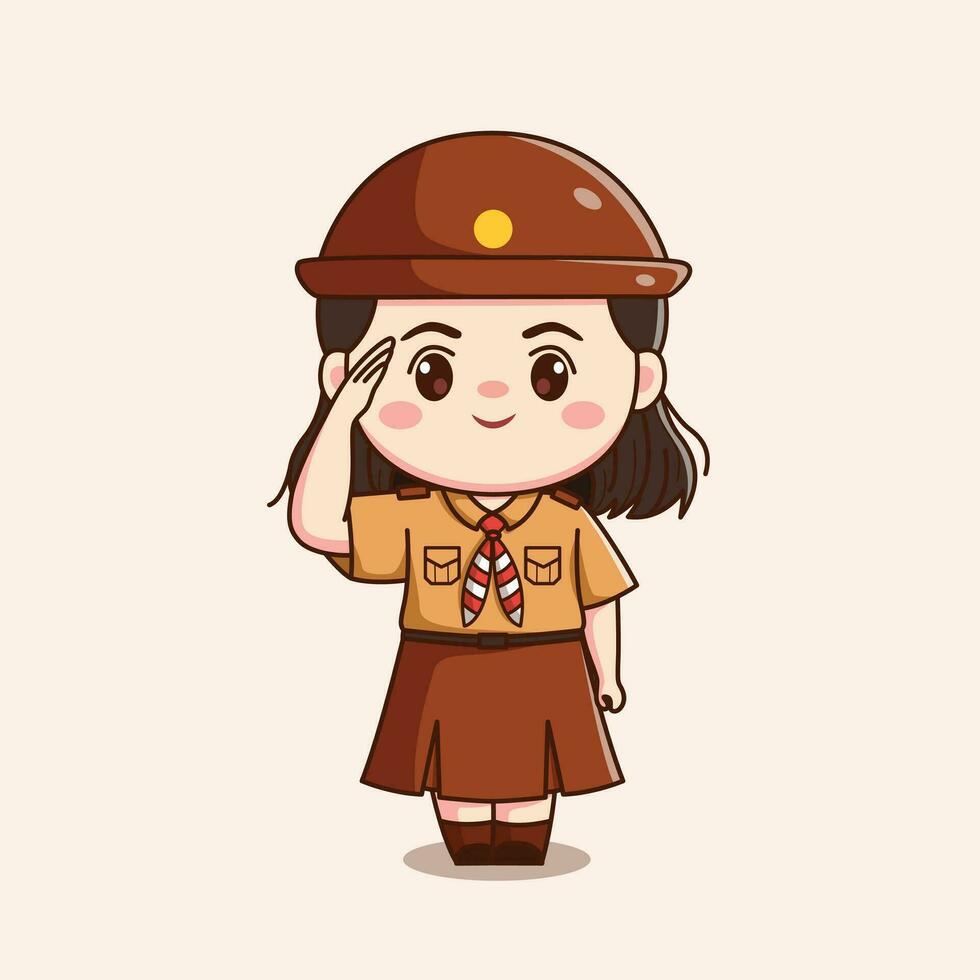 indonesian scout girl saluting cute kawaii chibi character illustration vector