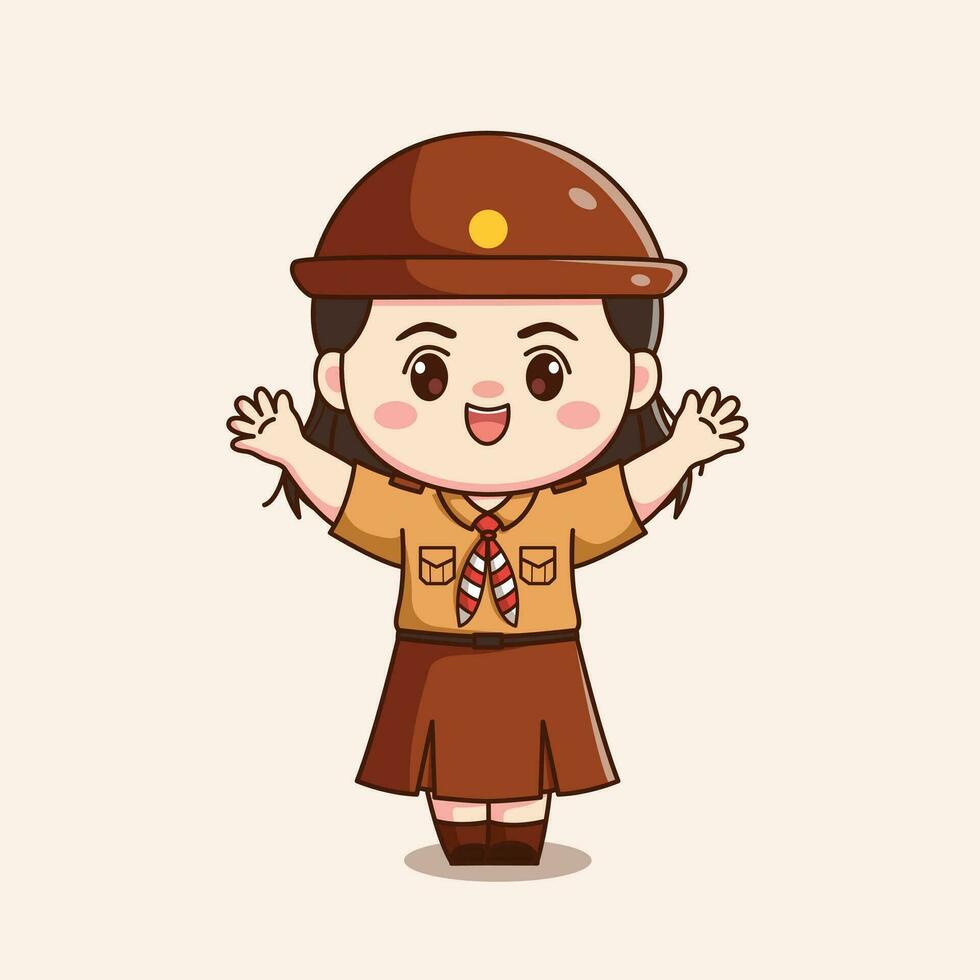 indonesian scout girl hands up cute kawaii chibi character illustration vector