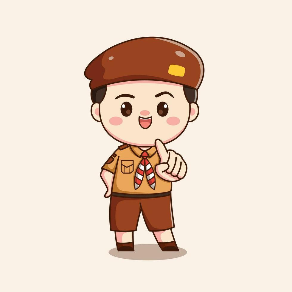 indonesian scout boy with pointing finger cute kawaii chibi character illustration vector