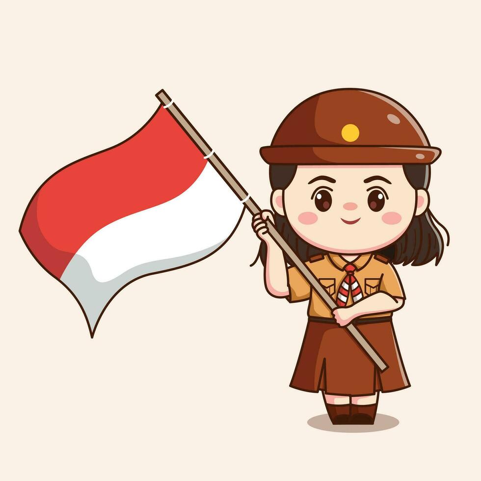 indonesian scout girl holding flag cute kawaii chibi character illustration vector