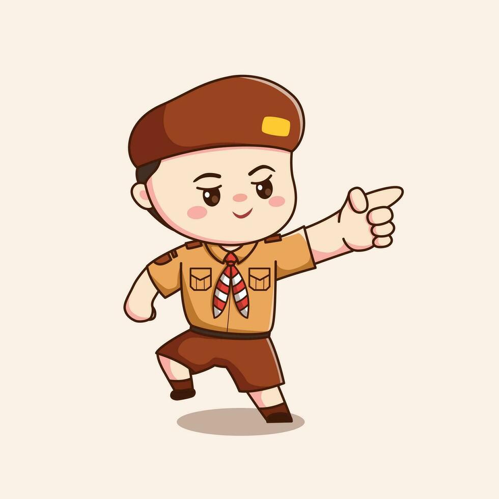 indonesian scout boy with pointing finger cute kawaii chibi character illustration vector