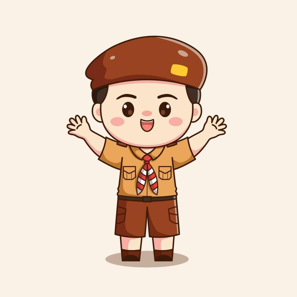 indonesian scout boy hands up cute kawaii chibi character illustration vector