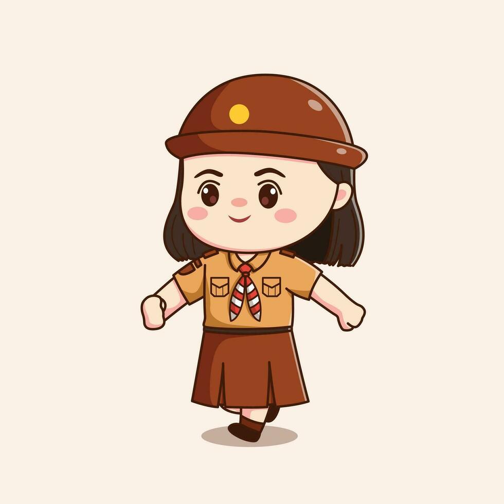 indonesian scout girl walking cute kawaii chibi character illustration vector