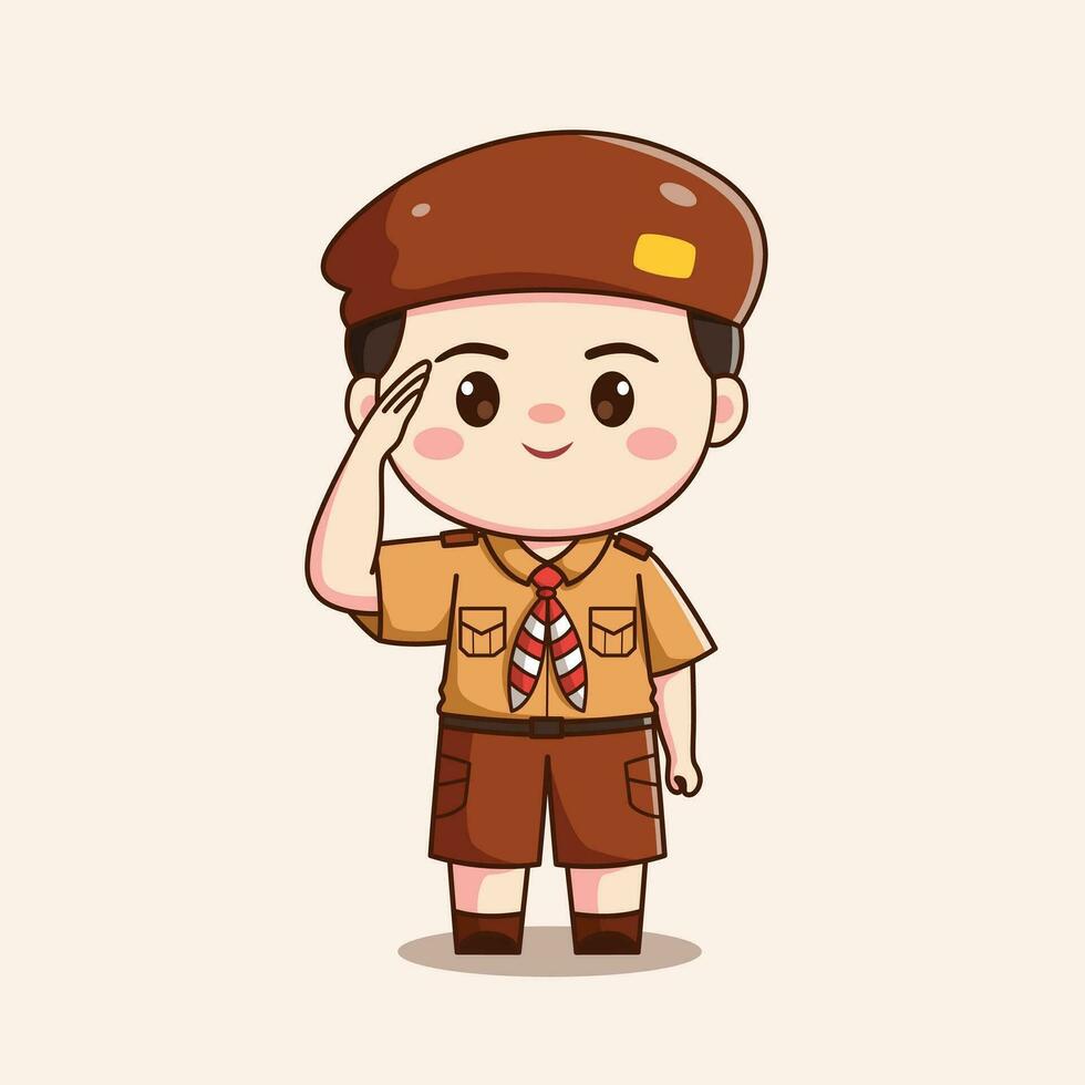 indonesian scout boy saluting cute kawaii chibi character illustration vector