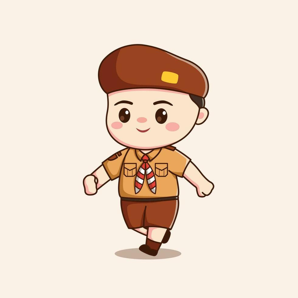 indonesian scout boy walking cute kawaii chibi character illustration vector