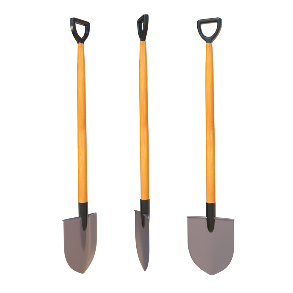 3D Rendering Round Mouth Shovel With Wooden Handle Different Angle View png