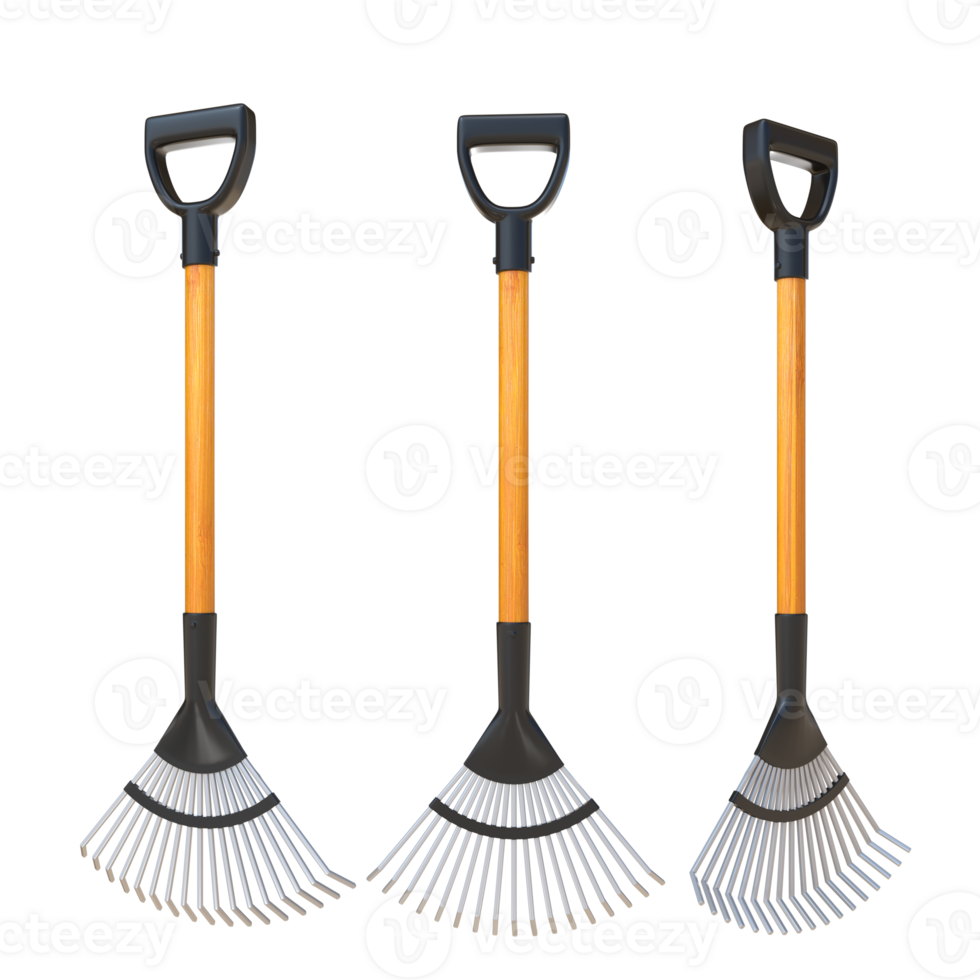 3D Rendering Rake With Wooden Handle Different Angle View png