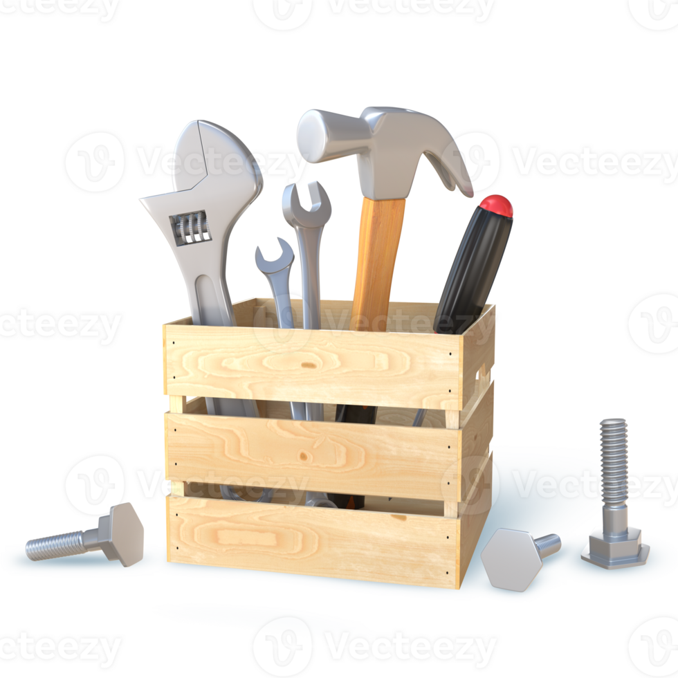 3D Rendering Wooden Toolbox With Tools png