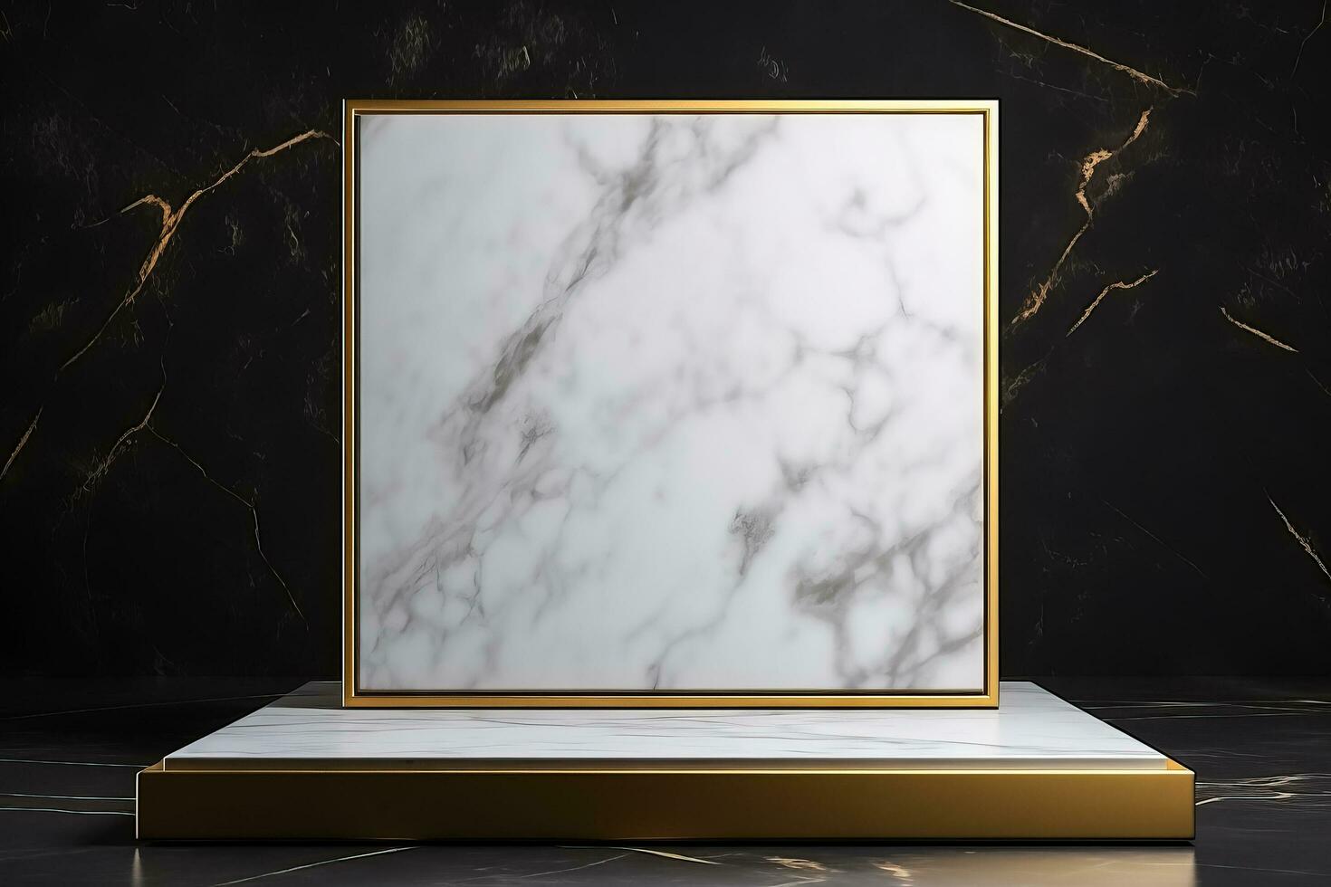 3d representación de un blanco mármol pedestal con un oro cuadrado marco en un negro antecedentes foto