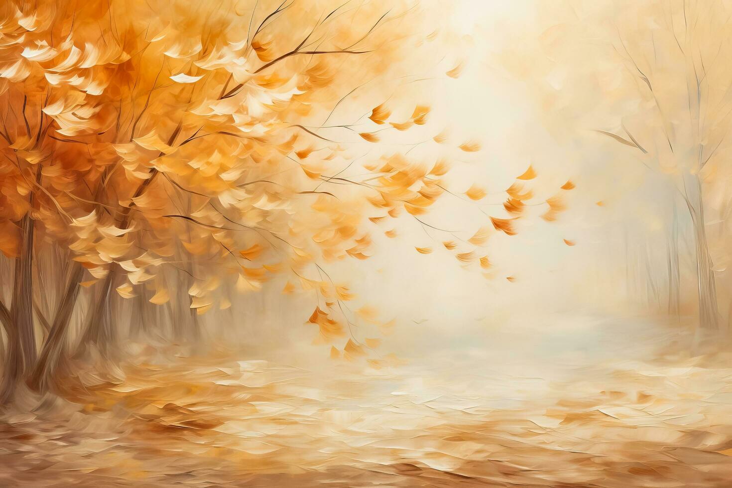 Abstract painting of autumn leaves falling in a mystical forest photo