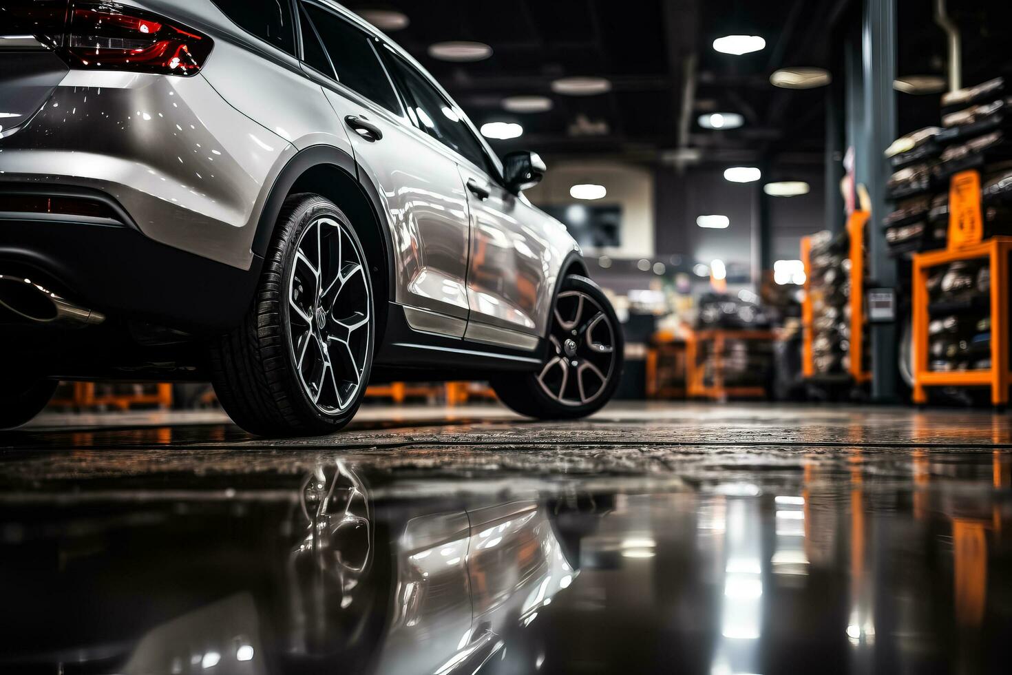 A tire at a repair shop with garage background photo
