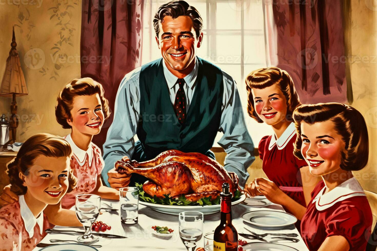 Vintage drawing of a 1950s family gathered around the dinner table for Thanksgiving photo