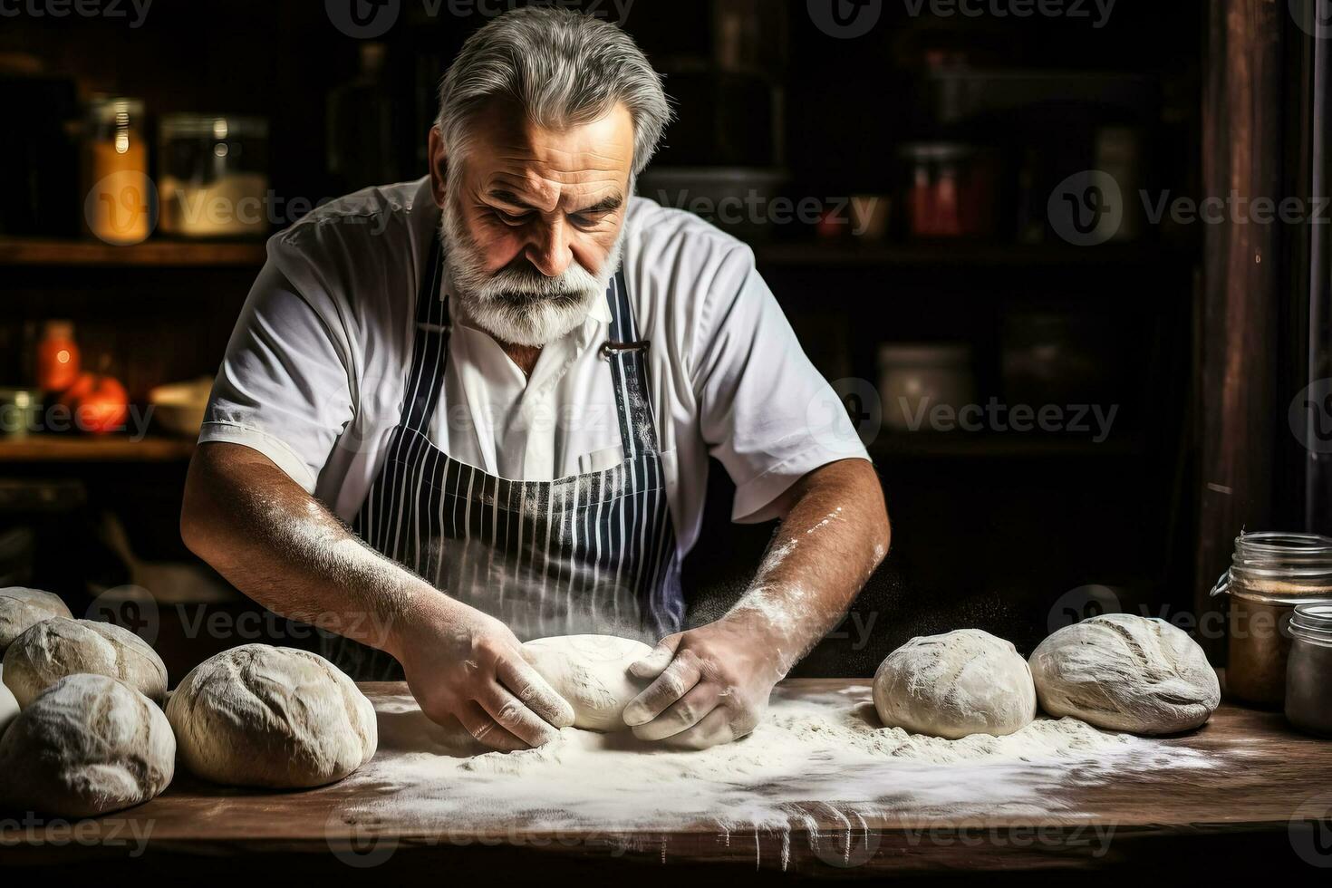 Man preparing bread dough on a wooden table photo