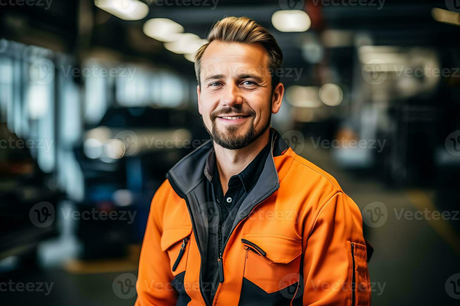 Professional female mechanic in an auto repair shop photo