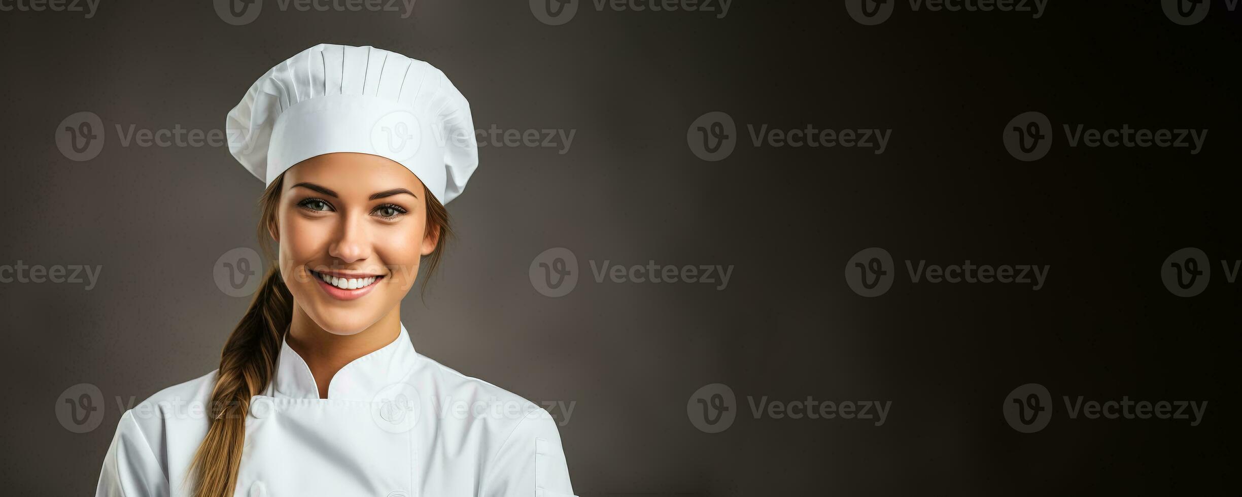 Female chef's portrait on a light grey background photo