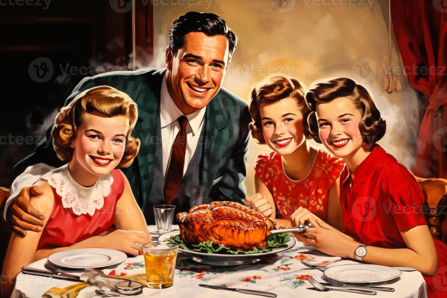 vintage-drawing-of-a-1950s-family-gathered-around-the-dinner-table-for