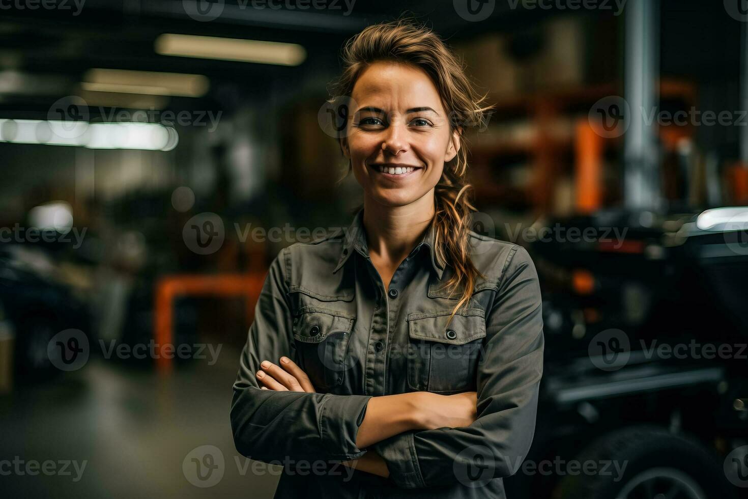 Portrait of a confident female mechanic with arms crossed in an auto repair shop photo