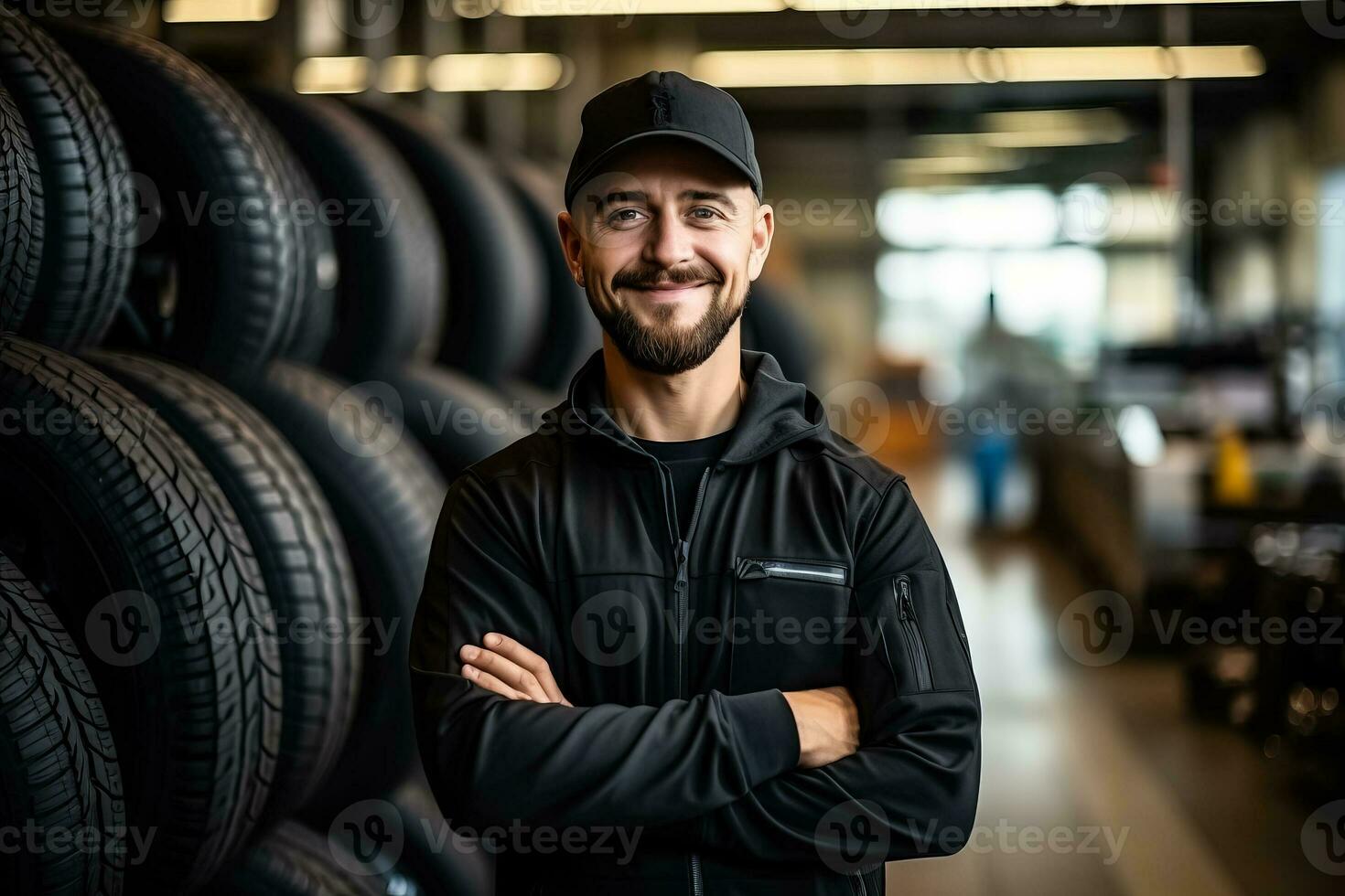 Mechanic holding a new tire in a car tire shop and service garage photo