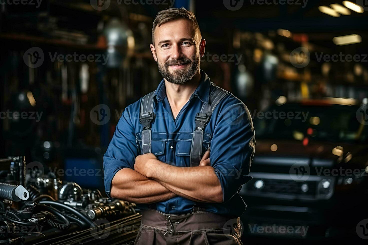 Auto mechanic with wrench in a car workshop photo