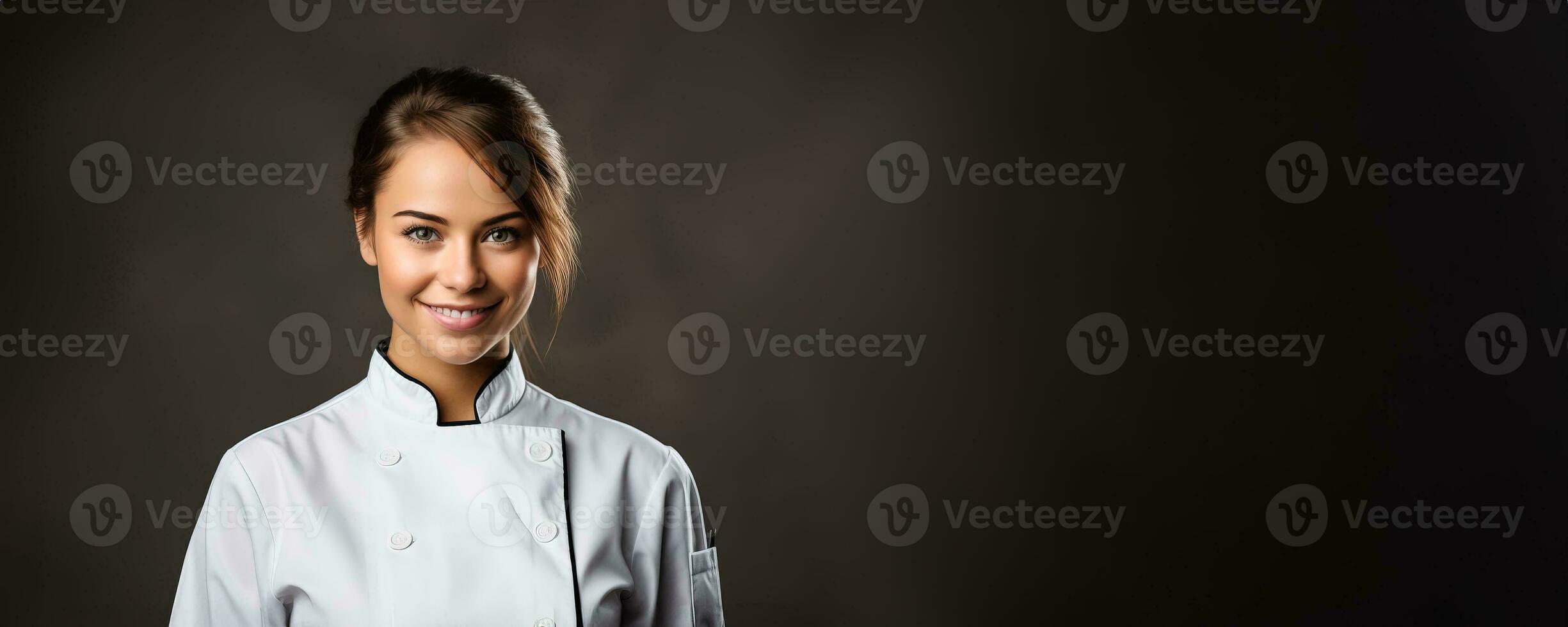 Portrait of a female chef with a dish on a light grey background photo