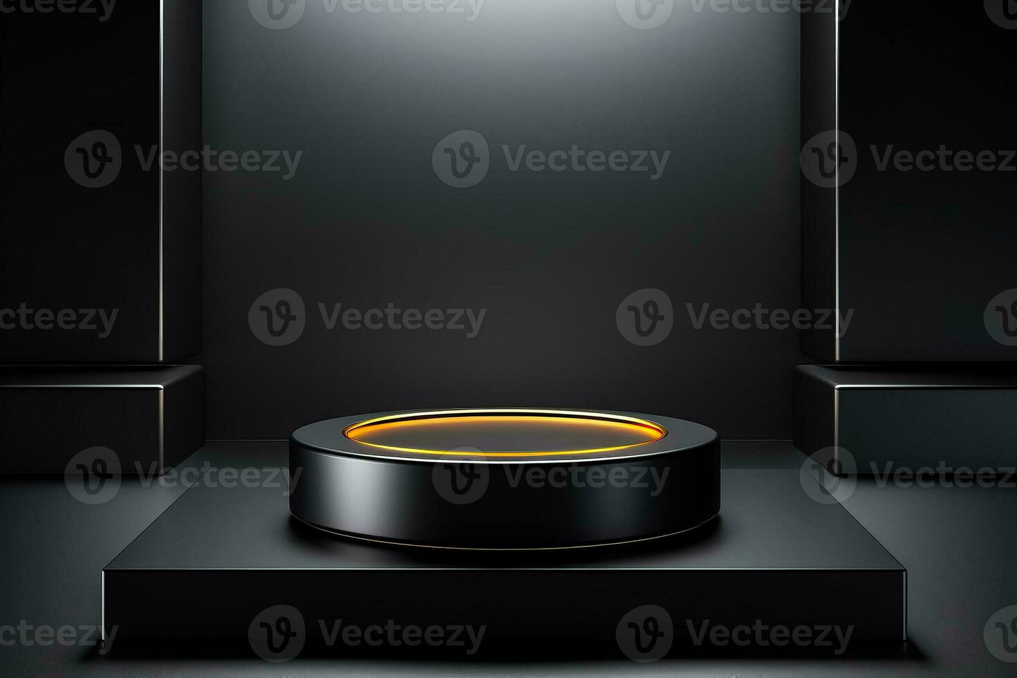 Elegant black cube stand for product placement dark podium with spotlight photo