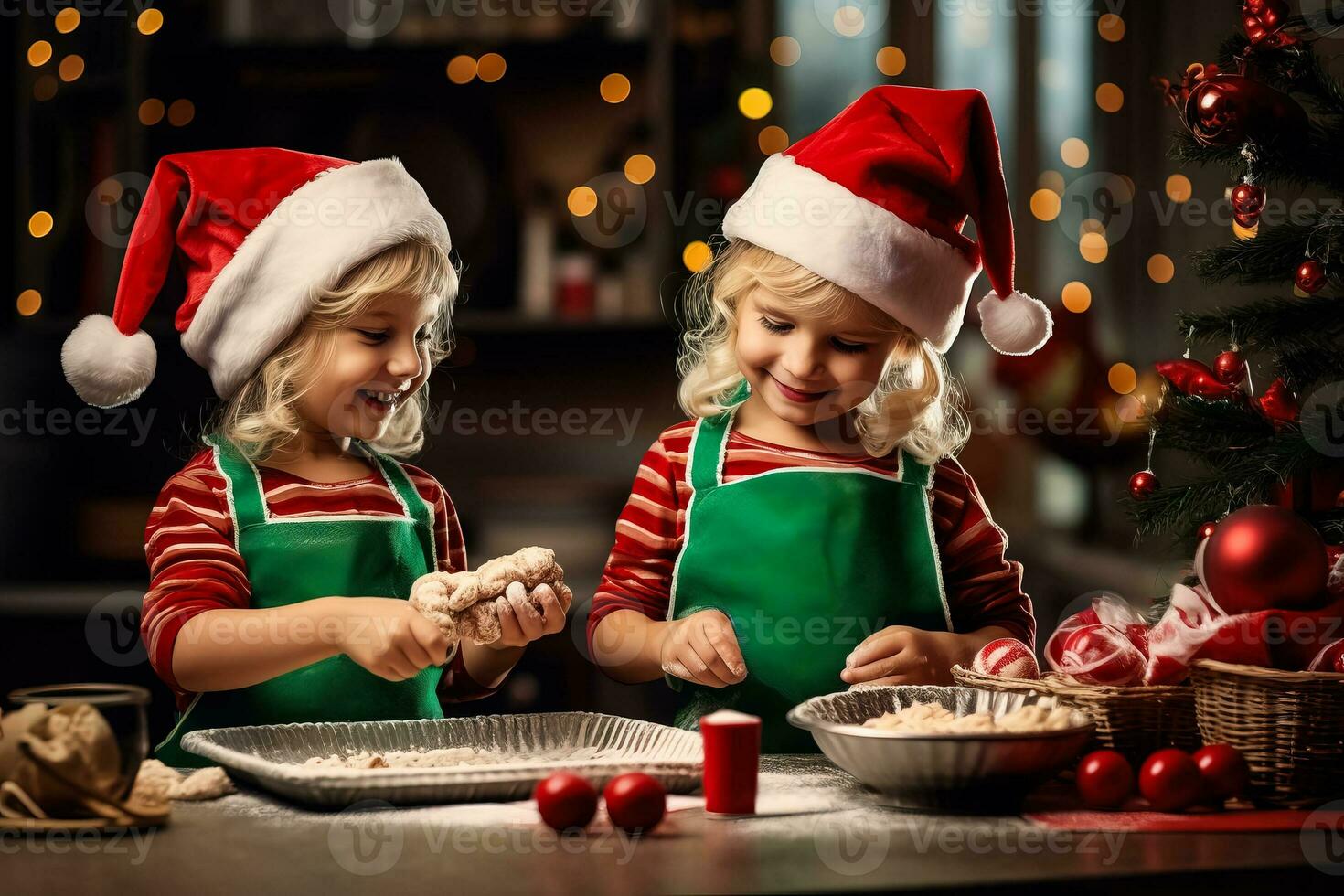 Children dressed as Santa's elves baking cookies photo