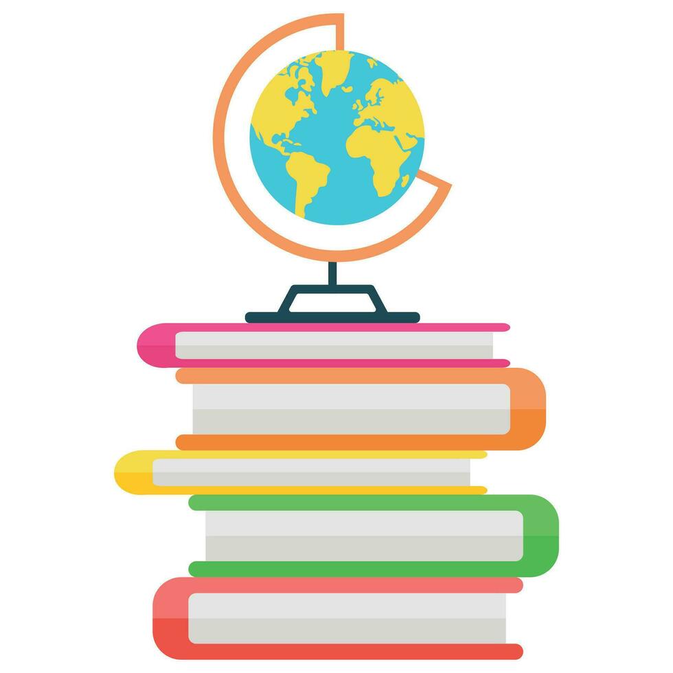 School globe on stack of books icon. Vector flat illustration