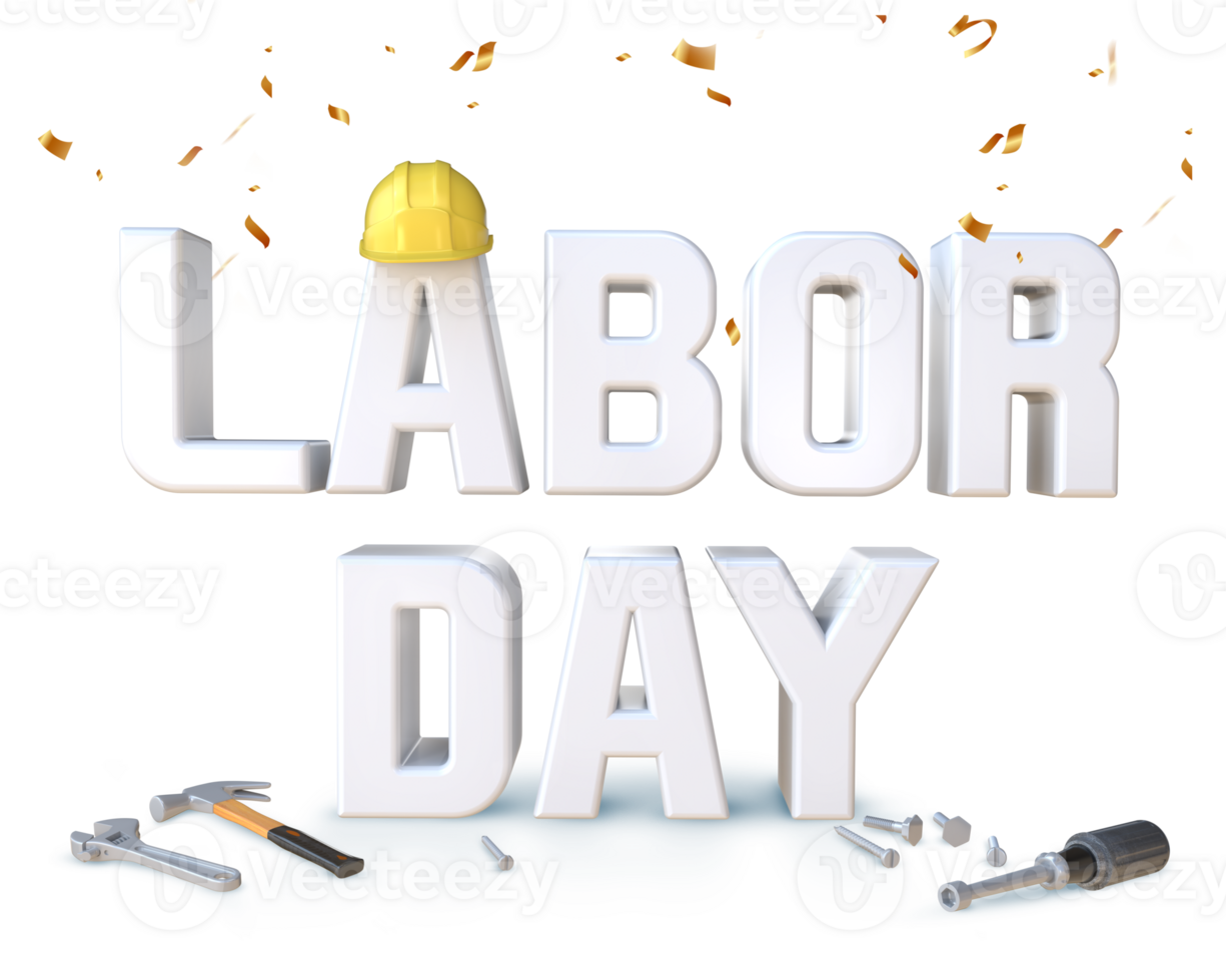 3D Rendering Labor Day Text With Worker Helmet And Hand Tools png