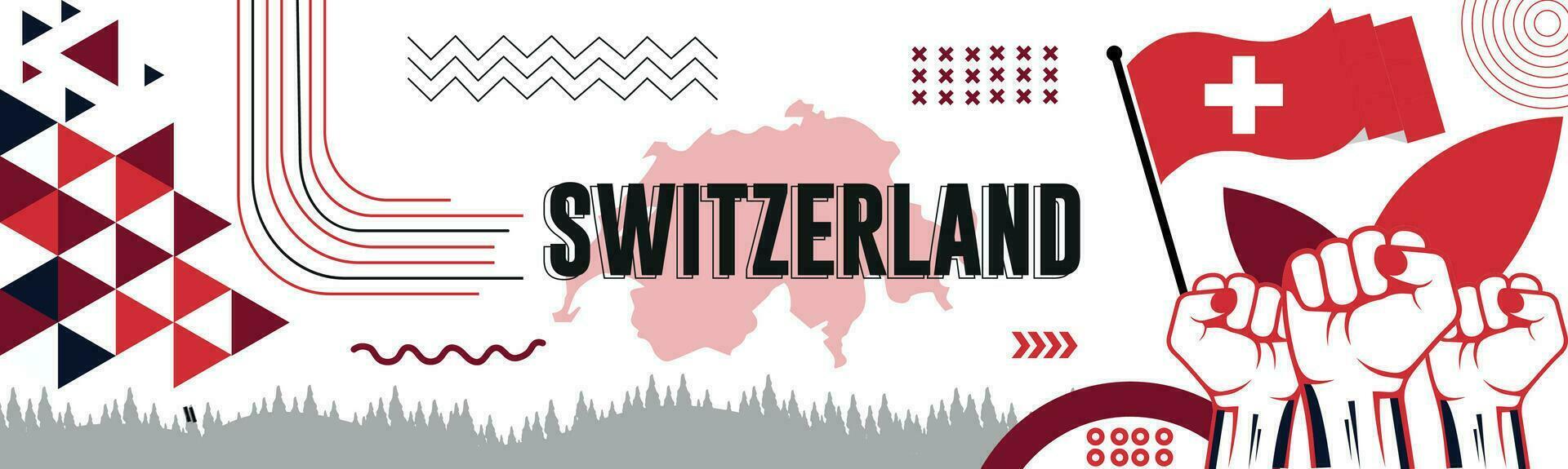 SWITZERLAND Map and raised fists. National day or Independence day design for SWITZERLAND celebration. Modern retro design with abstract icons. Vector illustration.