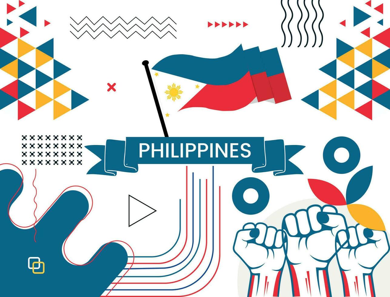 Filipinas mapa y elevado puños nacional día o independencia día diseño para Filipinas celebracion. moderno retro diseño con resumen iconos vector ilustración.