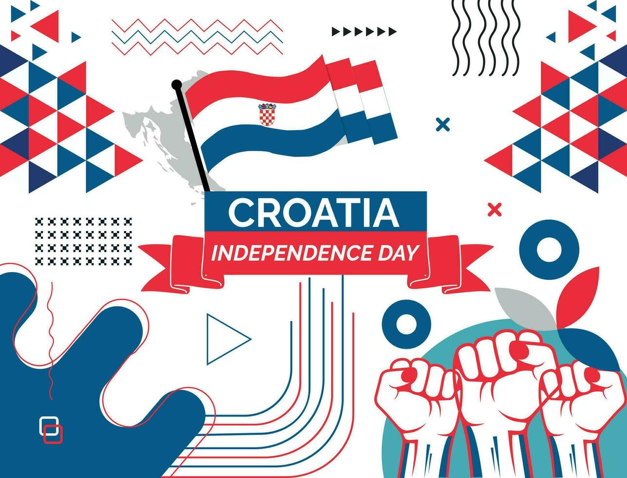 Croatia Map and raised fists. National day or Independence day design for Croatia celebration. Modern retro design with abstract icons. Vector illustration.