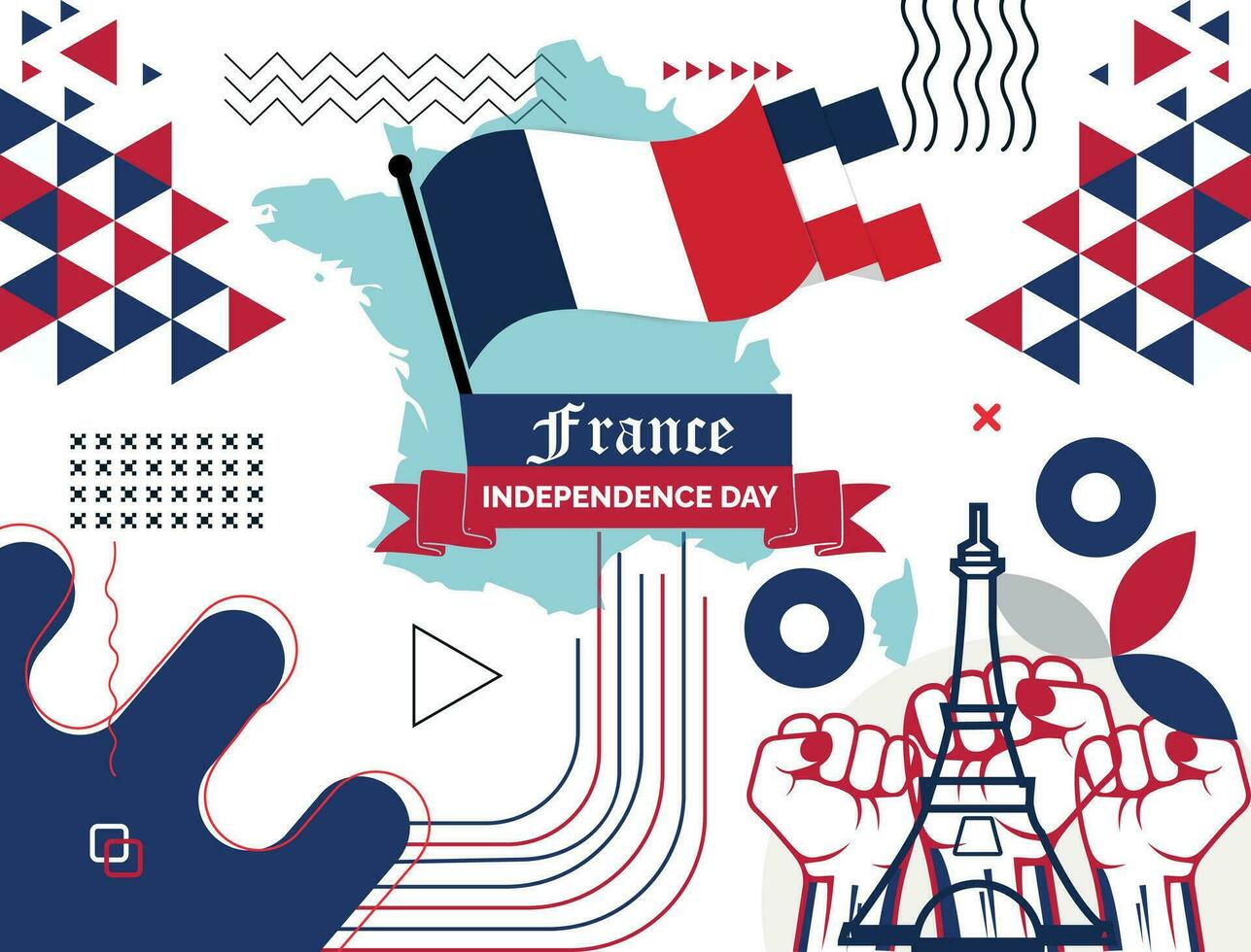 France national day banner design. French flag and map theme with Paris Eiffel tower background red and blue color. La France Presidential Elections. Travel Vector
