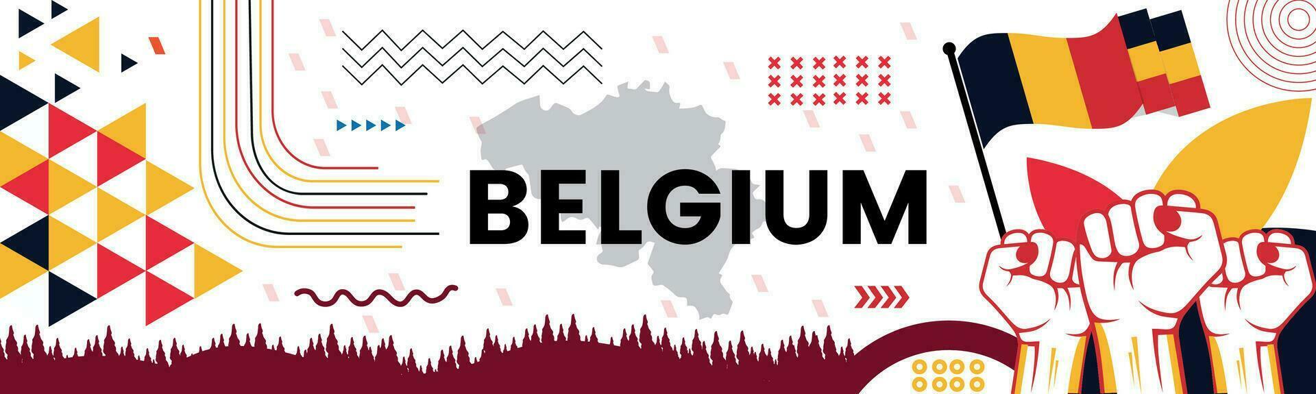 Belgium national day banner with map, flag colors theme background and geometric abstract retro modern black yellow red design. abstract modern design. vector